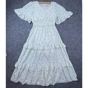 Leia NCo Dress Medium Green Ivory Peasant Ruffled Tiered Cottage Country Prairie